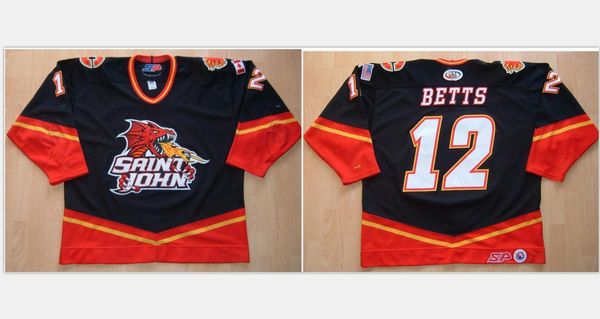 

custom men youth women vintage ahl saints john flames 12 betts hockey jersey size s-5xl, Black