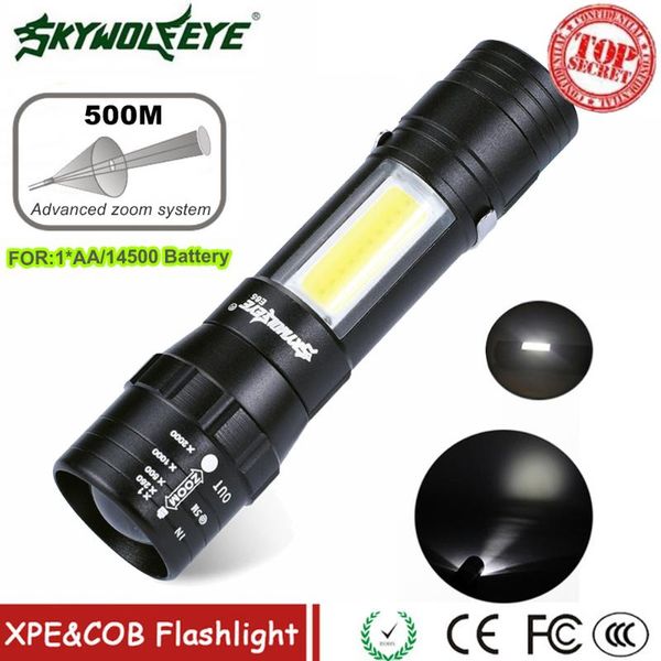 

led mini 14500/ 4 modes pocket torch lantern portable penlight work light zoomable xpe q5 + cob qw flashlights torches