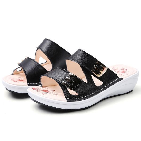 

sandals platform summer 2021 arrivals luxury designer genuine leather sleepers shoes woman wedge slippers home, Black