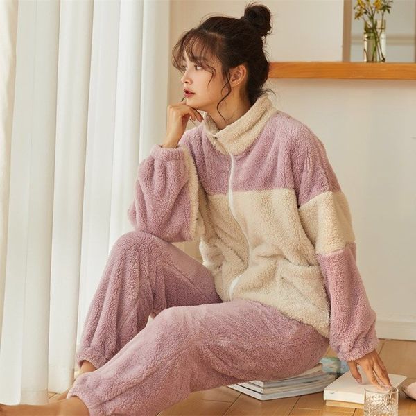 

winter thick warm pajamas sets for women flannel plus size sleepwear long sleeve nightgown homewear loose casual pyjamas set, Black;red