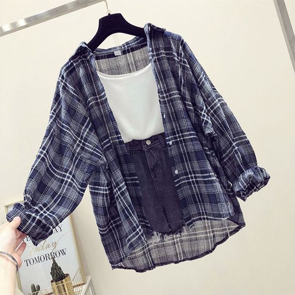 

design fashion plaid women and blouses female casual matching color long sleeve button loose plaid shirt blusas mujer d, White