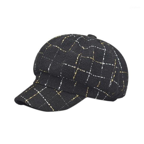 

retro women's autumn and winter outdoor female beret plaid hat painter sboy casual octagonal cap berets, Blue;gray