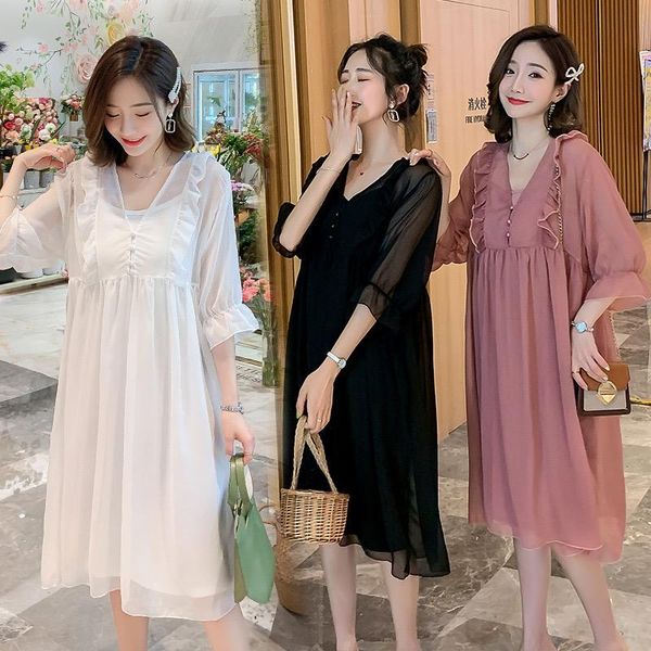 

pregnant women's dress with wooden ears 2021summer two-piece mid-length sling short-sleeved clothes for women pw01 maternity dresses, White