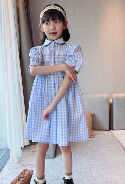 

blue sky dresses for baby girls summer kids girl plaid turn-down collar dress fashion cotton children birthday dress clothing, Red;yellow