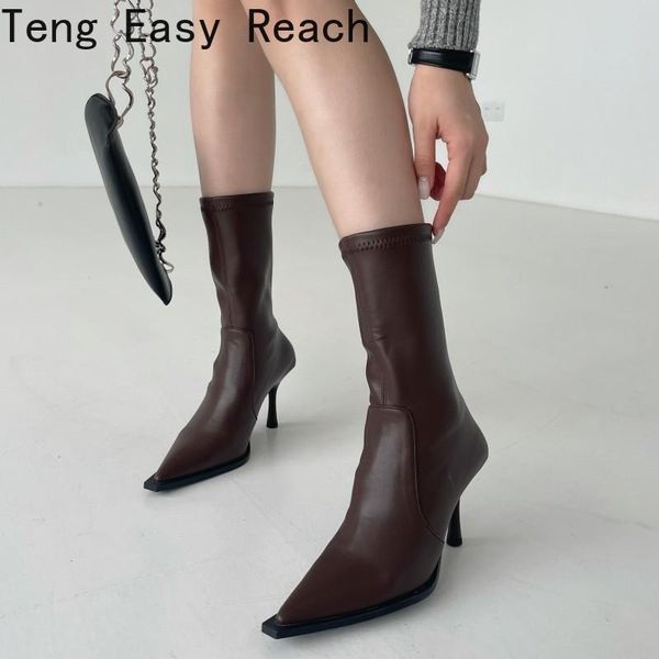 

boots 2021 autumn and winter fashion stiletto elastic women's mid-tube pointed toe thin high-heeled ankle 34 35, Black