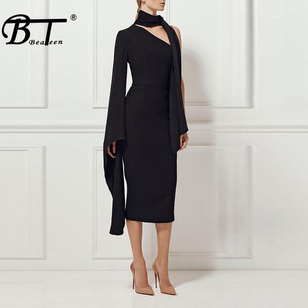 

casual dresses beateen 2021 fashion one shoulder flare sleeve irregular halter dress midi with scarf women party, Black;gray