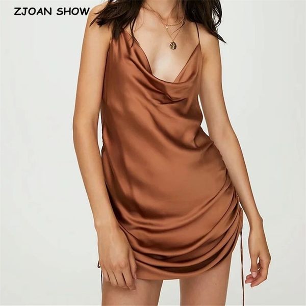 

like silk hem lacing up bandage sling satin dress women ruched mini short spaghetti strap backless party dresses 210429, Black;gray
