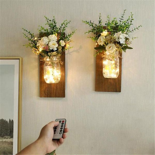 

night lights decorative mason jar wall light remote green fake plant artificial flowers led copper strip design for home decor