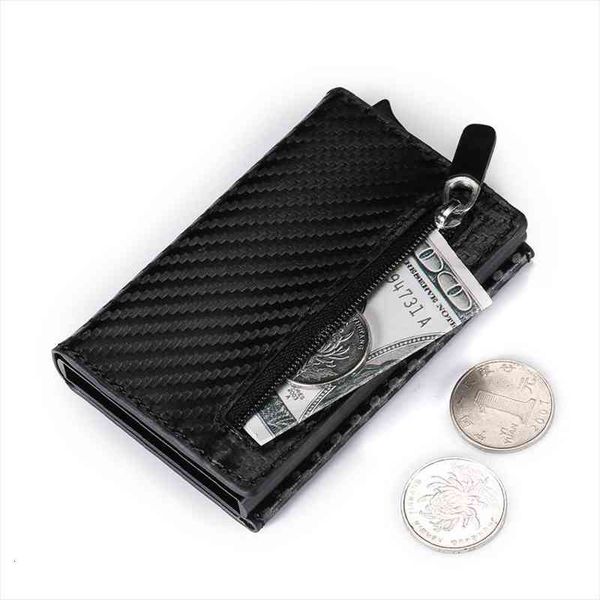 

credit card holder aluminum box wallet rfid pu leather pop up case magnet carbon fiber coin purse, Red;black