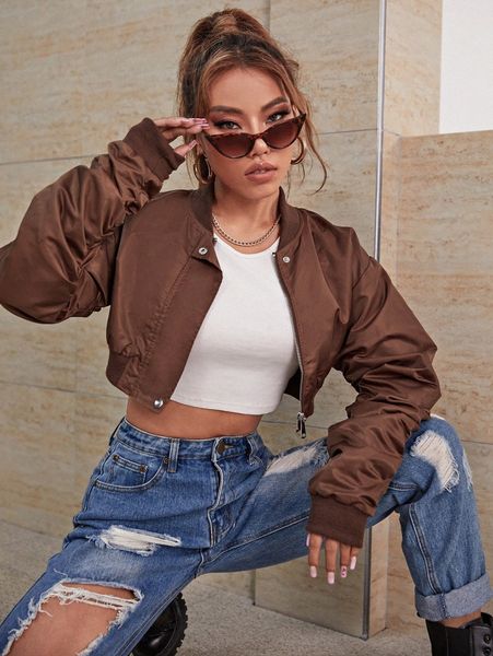 

drop shoulder crop bomber jacket p0gz#, Black;brown