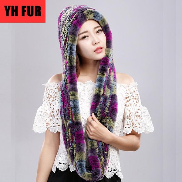 

scarves fashion real rex fur hooded scarf 100% natural women knitted winter warm, Blue;gray