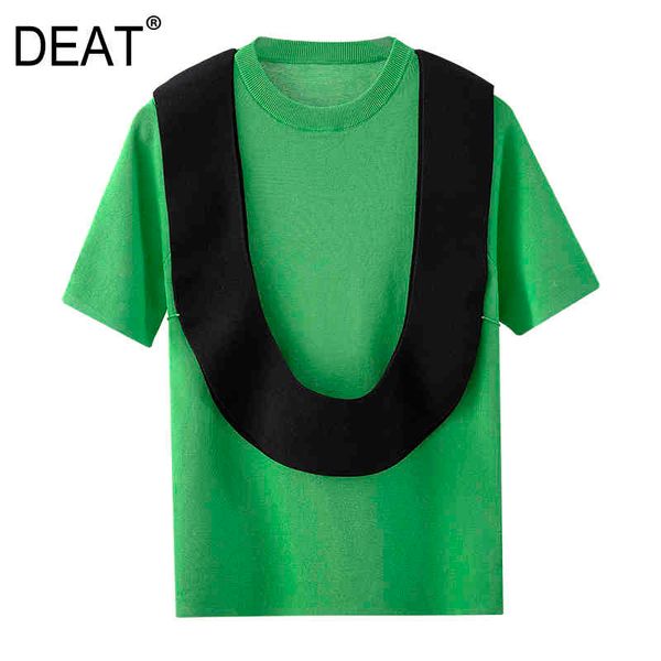 

[deat] women black patchwork u-shaped shoulder strap t-shirt new round neck short sleeve slim fashion tide summer 7e1049 210428, White