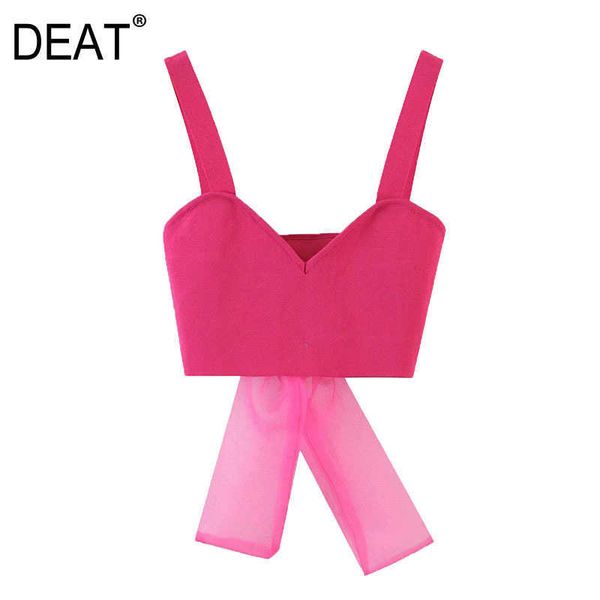 

[deat] summer fashion vest net yarn bow solid color sleeveless sling backless knitting women tank 13q128 210527, White