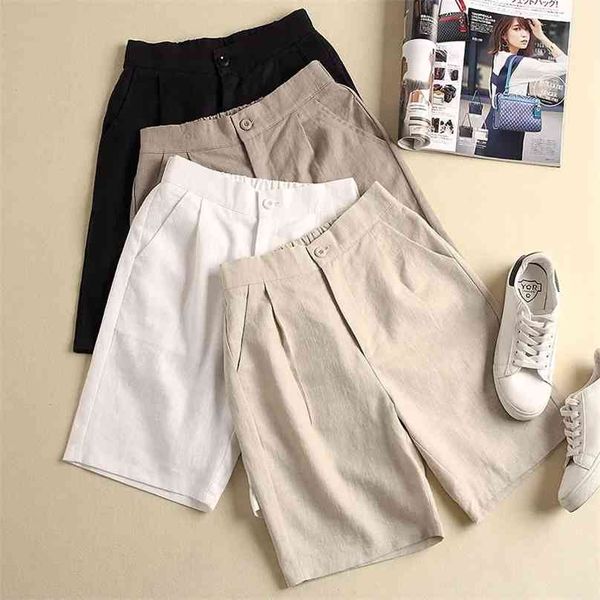 Algodão e linho casual shorts mulheres plus size estilo de verão coreano cintura alta fina de largura 210719