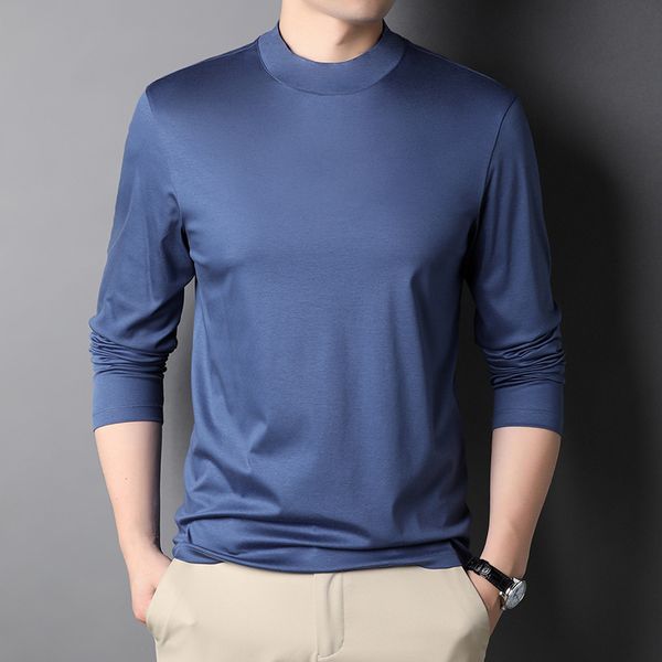 

2021 spring autumn middle-aged and young men's semi high neck mercerized cotton long sleeve t-shirt small t-shirt bottom top, White;black