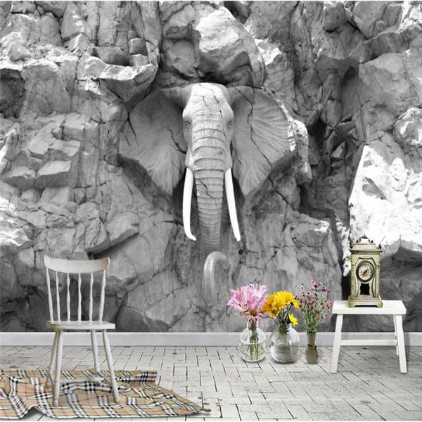 Moderne abstrakte 3D graue Bump Elephant Statue Foto Tapete für Wohnzimmer Schlafzimmer Wohnkultur Hintergrund Wandpapier