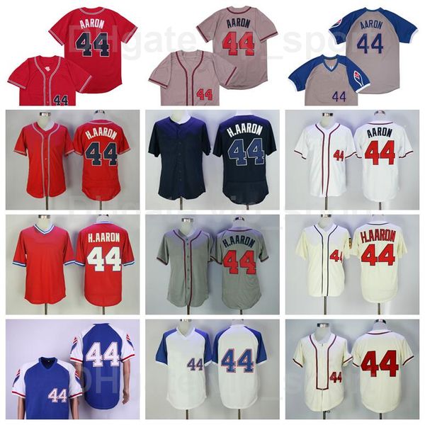 

1957 1963 1974 1980 retro baseball vintage 44 hank aaron jersey cooperstown pullover flexbase cool base all stitched blue white grey red, Blue;black
