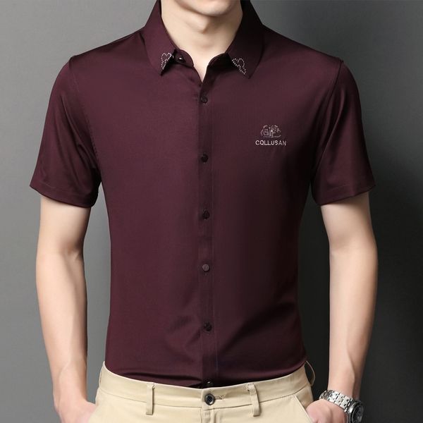 

sleeve short shirt men's new embroidery lapel casual stretch summer korean ice silk, White;black