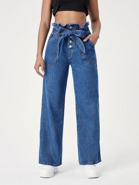 

paper bag waist tie front jeans v19i#, Blue