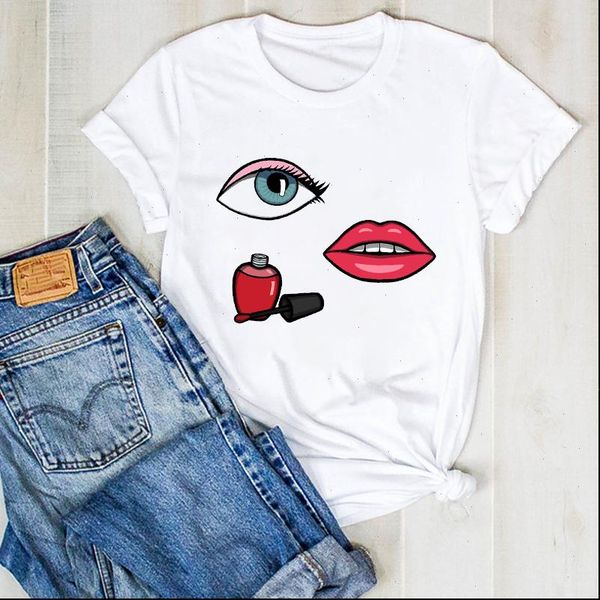 

women lady fingernail eye beauty cartoon print ladies summer t tee womens female shirt clothes graphic, White