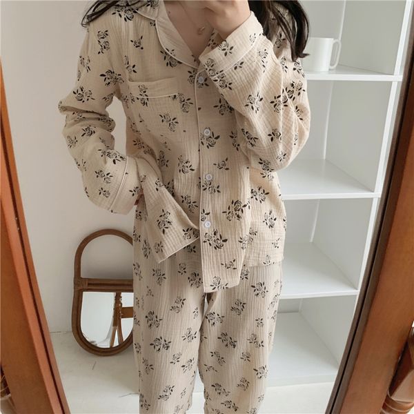 

women's sleepwear vintage apricot rose flowers pajamas set spring autumn soft cotton home clothes long sleeve pants sleepwear, Black;red
