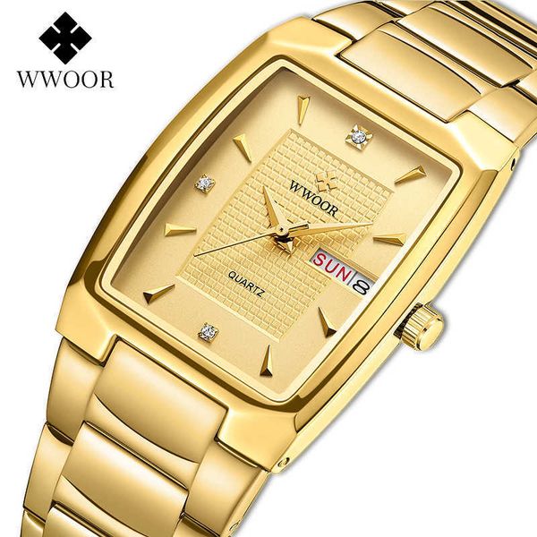 

wwoor gold watch men brand luxury square waterproof date stainless steel mens quartz wristwatches relogio masculino 210728, Slivery;brown