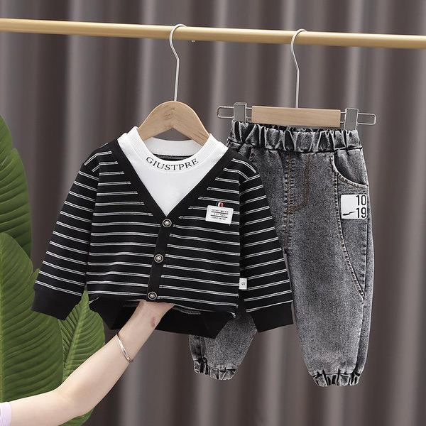 

clothing sets 1-5 years old spring autumn 2 piece/set boys fake two piece suit stripe long sleeve jeans casual children clothes, White