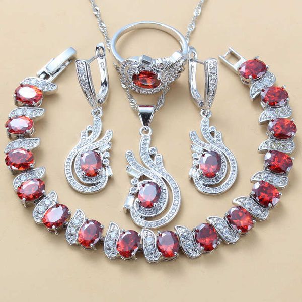 Bridal Silver Color Свадебный костюм Ювелирные Изделия Натуральные красные GARNET CZ Серьги Ожерелье Браслет и Кольцевые наборы H1022