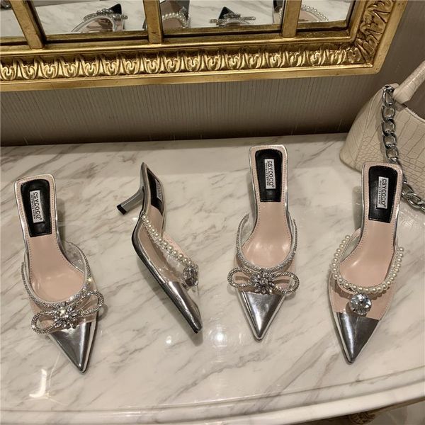 

slippers transparent cover toe summer women's shoes heeled mules string bead luxury slides pantofle butterfly-knot low jelly fli, Black