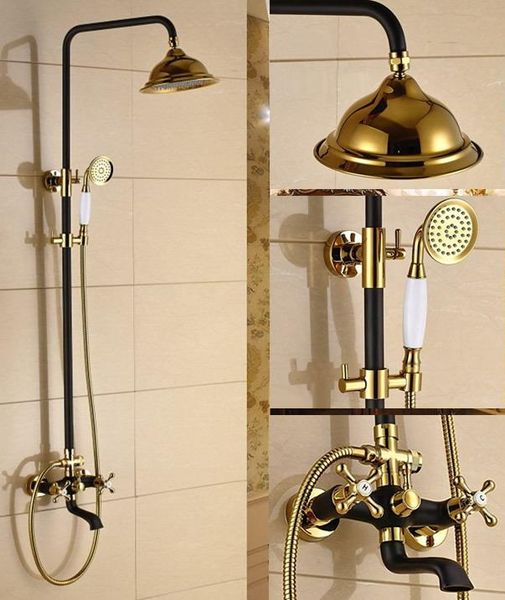 

gold color brass & black oil rubbed bronze bathroom rain shower faucet set bathtub mixer tap + hand crs900 sets