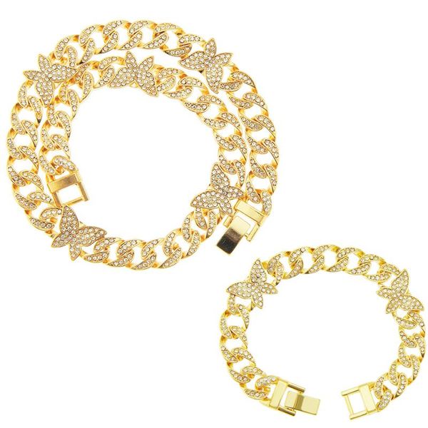 

chains 12mm hip hop iced out paved rhinestones full miami curb butterfly cuban cz bling necklace bracelet for men women charm jewelry, Silver