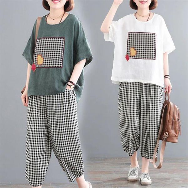 

women's pants & capris 2021 summer 2 piece sets womens outfits ladies plus size and palid suits cotton linen tracksuit clothing, Black;white