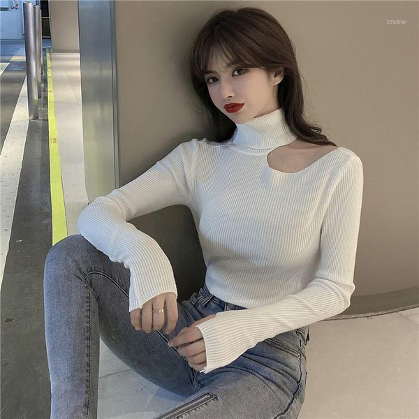 

women's sweaters korean version slim fit pullover sweater hollow open neck turtleneck 2021 women autumn winter shirt, White;black