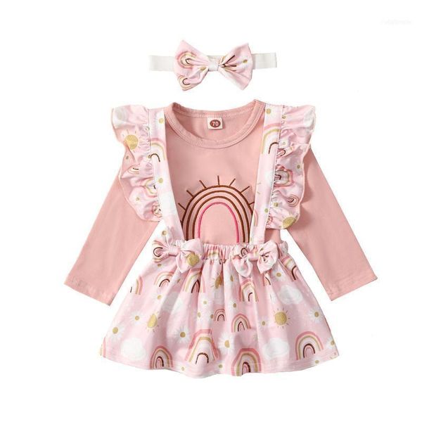 

clothing sets infant baby girl rainbow print clothes set long sleeve o-neck t-shirt+suspender skirt+bow-knot headband children's1, White
