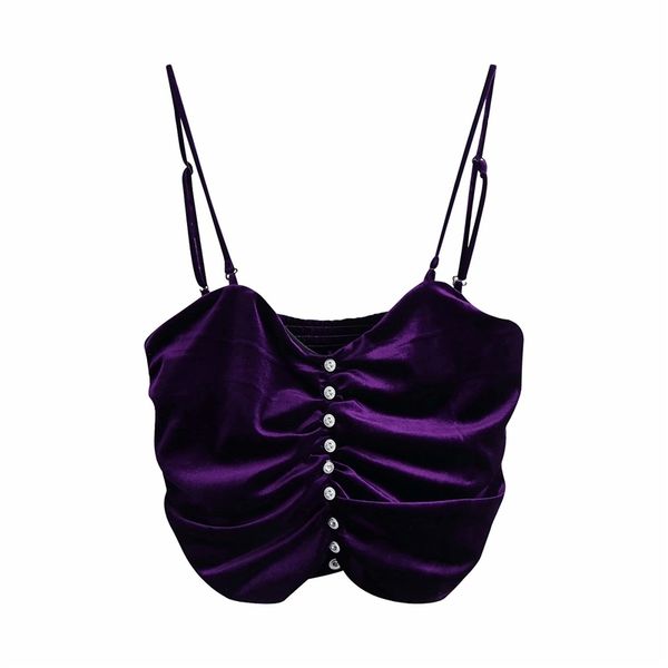 Sexy Women Purple Velvet Backless Camis Fashion Ladies Diamond Button Top Sweet Female Chic Drappeggiato Short 210430