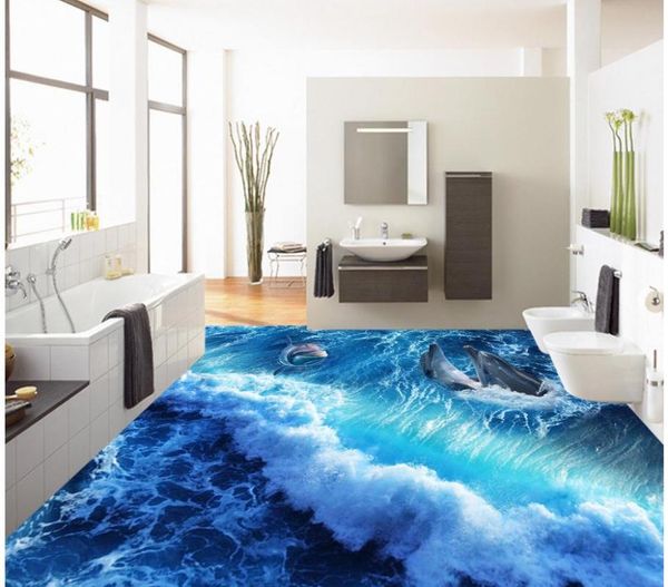 

wallpapers 3d stereoscopic wallpaper home decoration dolphin waves sea world bathroom living room floor pvc