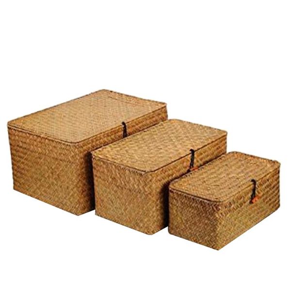 

storage baskets woven wicker bins basket sets for shelves, set of 3 different sizes, multipurpose container with lid