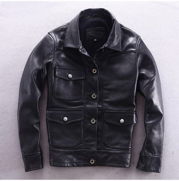 

men's leather & faux 2021 motorcycle men cowhide genuine jacket male slim fit short multi-pocket locomotive clothing biker coat, Black