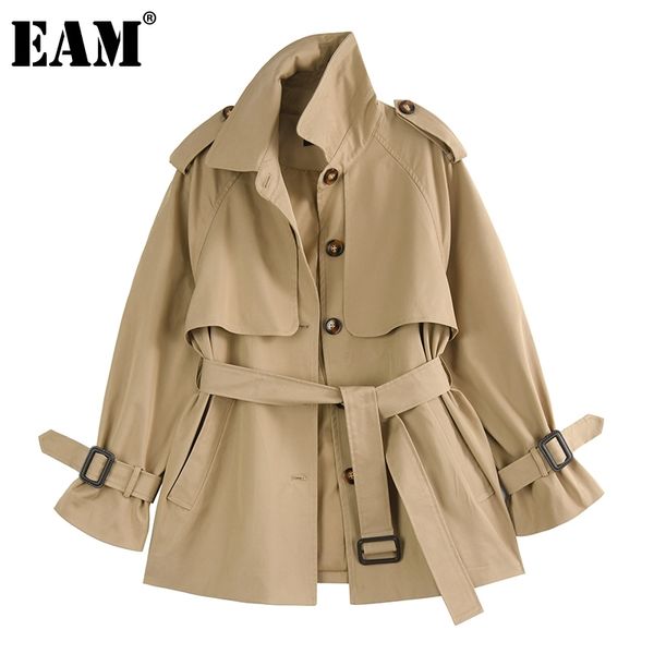 

[eam] women khaki big size sashes trench lapel long sleeve loose fit windbreaker fashion spring autumn 1dd7860 210512, Tan;black