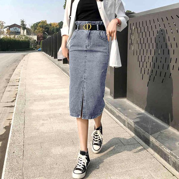 

3 colors s-2xl long denim skirt korean style high elastic waist women a line jeans skirts style saia with belt (n0061 210508, Black