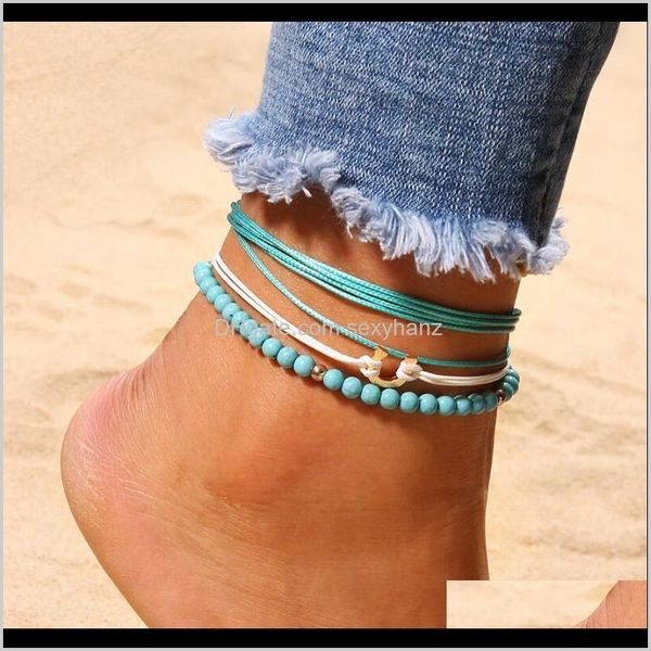 Trendy Multilayer String Perlen Wachs Linie Uförmigen Anhänger Fußkettchen Türkis Runde Perle Sommer Strand Männer Frauen Fußkettchen Armband Schmuck K 5Juu7