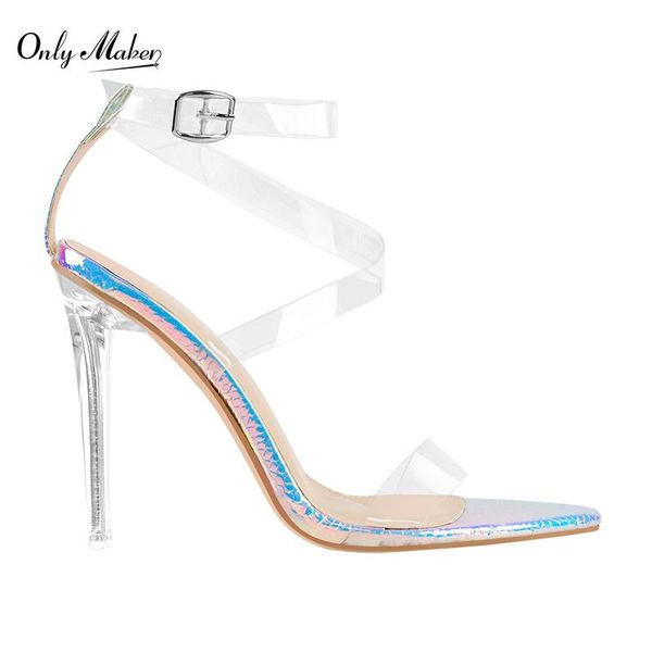 

dress shoes onlymaker summer sandals for women thin high heels colorful side transparent band pointed toe ankle buckle big size, Black