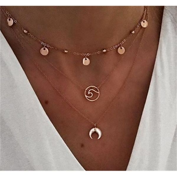 

19061503 necklace with simple design, ox horn, wave and three layers, Silver