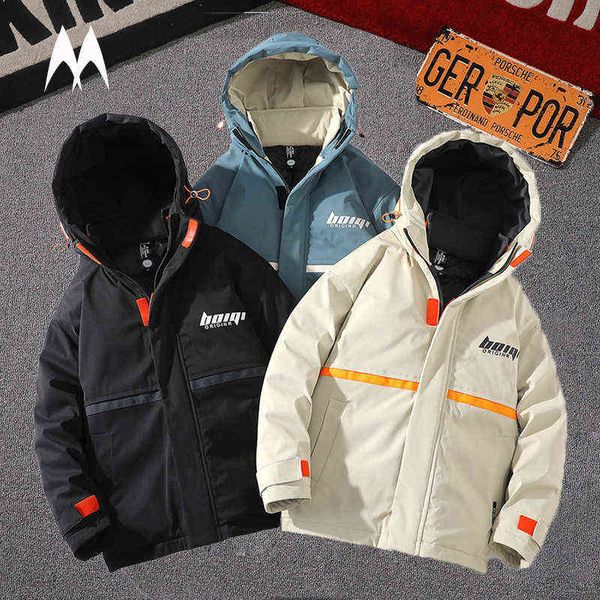 

2021 harajuku men parkas winter thicken coat fashion hooded letter print korean parka coat mens casual fleece warm jackets y1103, Black