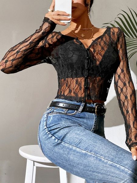

petite floral appliques button front crop lace without bra v13d#, White