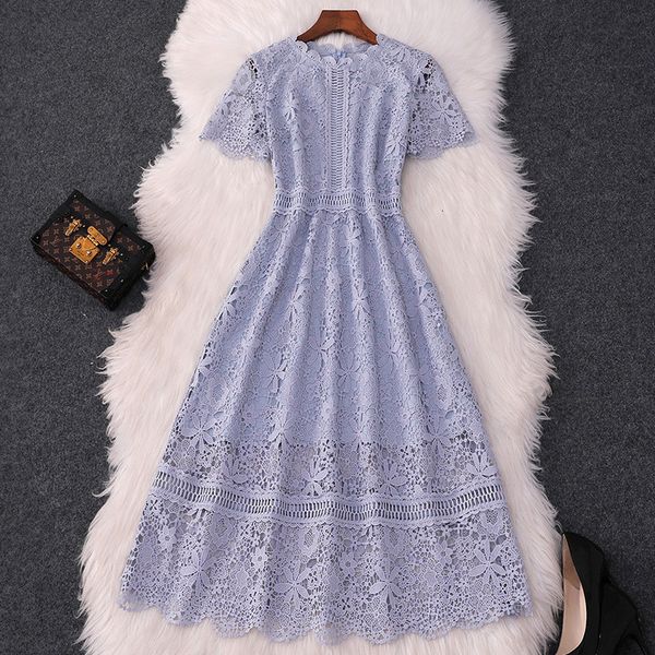 

two piece dress higher fashion runway quality summer hollow designer out dressed up for lace party elegant lady blue celebrity clothes woman, White