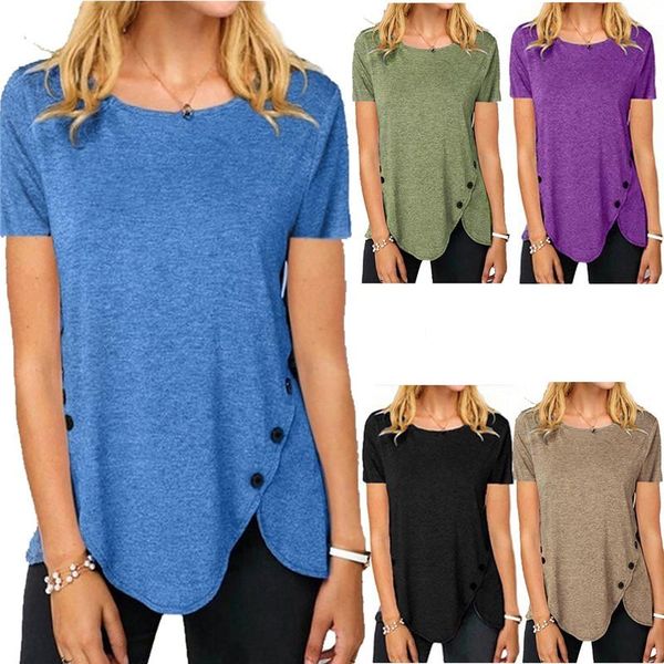 

short sleeve casual women summer blue t-shirts o-neck fashion button hem tee 5xl large size solid t-shirt female pullovers women's, White
