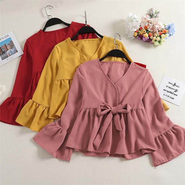

autumn women dot blouse sweet ruffles chiffon shirts female flare sleeve blouses v-neck tie bow shirt short a1432 women's &, White