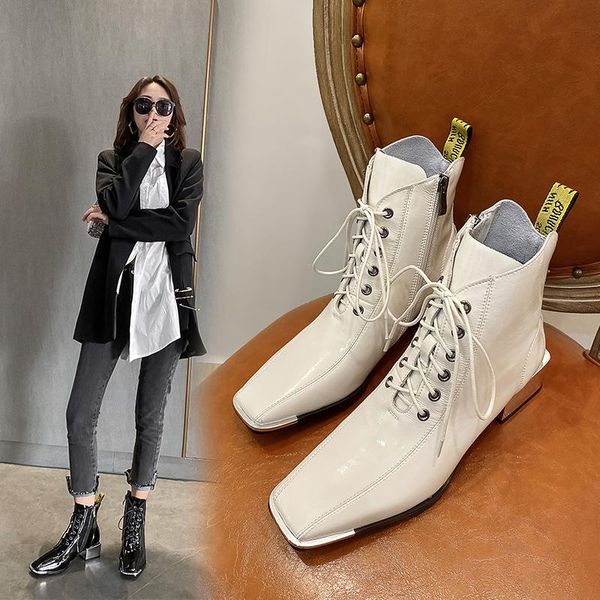 

dress shoes 2021 spring and autumn simple square head cow patent leather short boots thick heel single female x155, Black