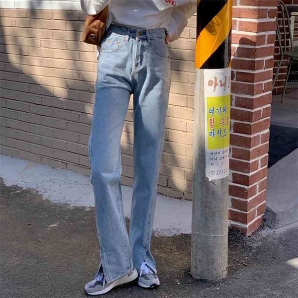 

spring denim high-waist straight for women side split jeans vintage long pants 210416, Blue